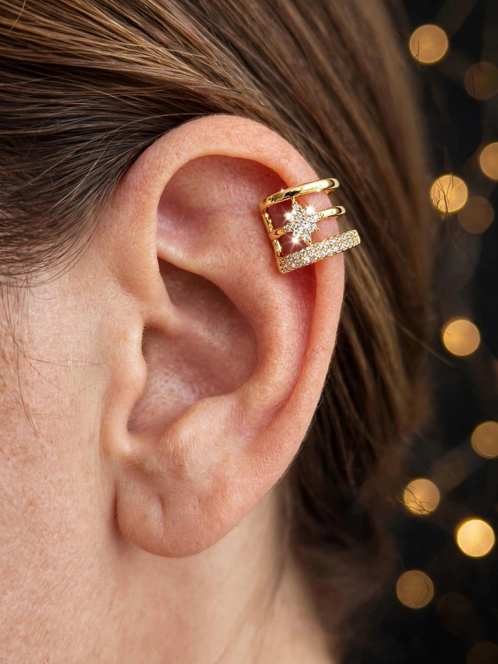 Gold Triple Band Ear Cuff with Crystal Star Accent
